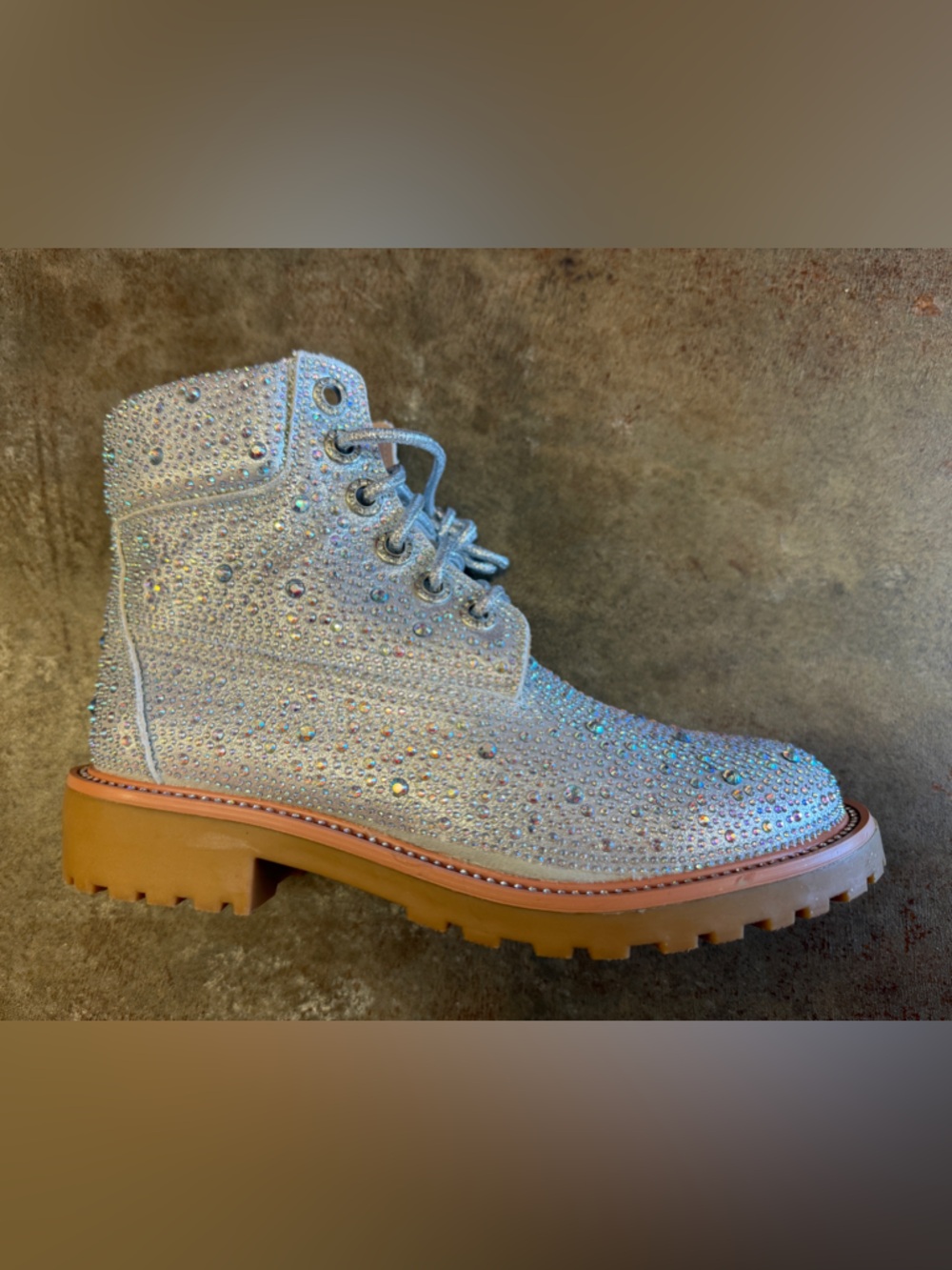 Crystal Embellished Women's Lace-Up lug Boot in Silver NEW